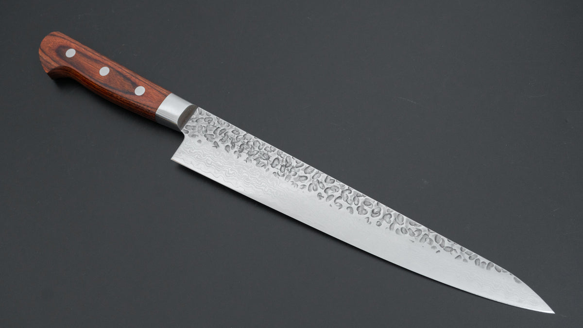 Hitohira Imojiya ST Tsuchime Damascus Sujihiki 240mm Imitation Mahogany Handle (Yo)