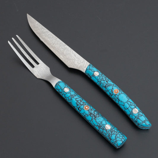 Hitohira Saji SG2 Steak knife and Fork Set Imitation Turquoise Handle - HITOHIRA