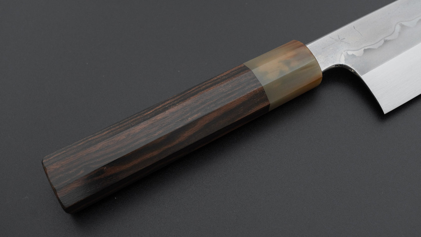 Hitohira Togashi White #1 Sanbonsugi Mizu Honyaki Santoku 180mm Taihei Makassar Ebony Handle (#146/ Saya)