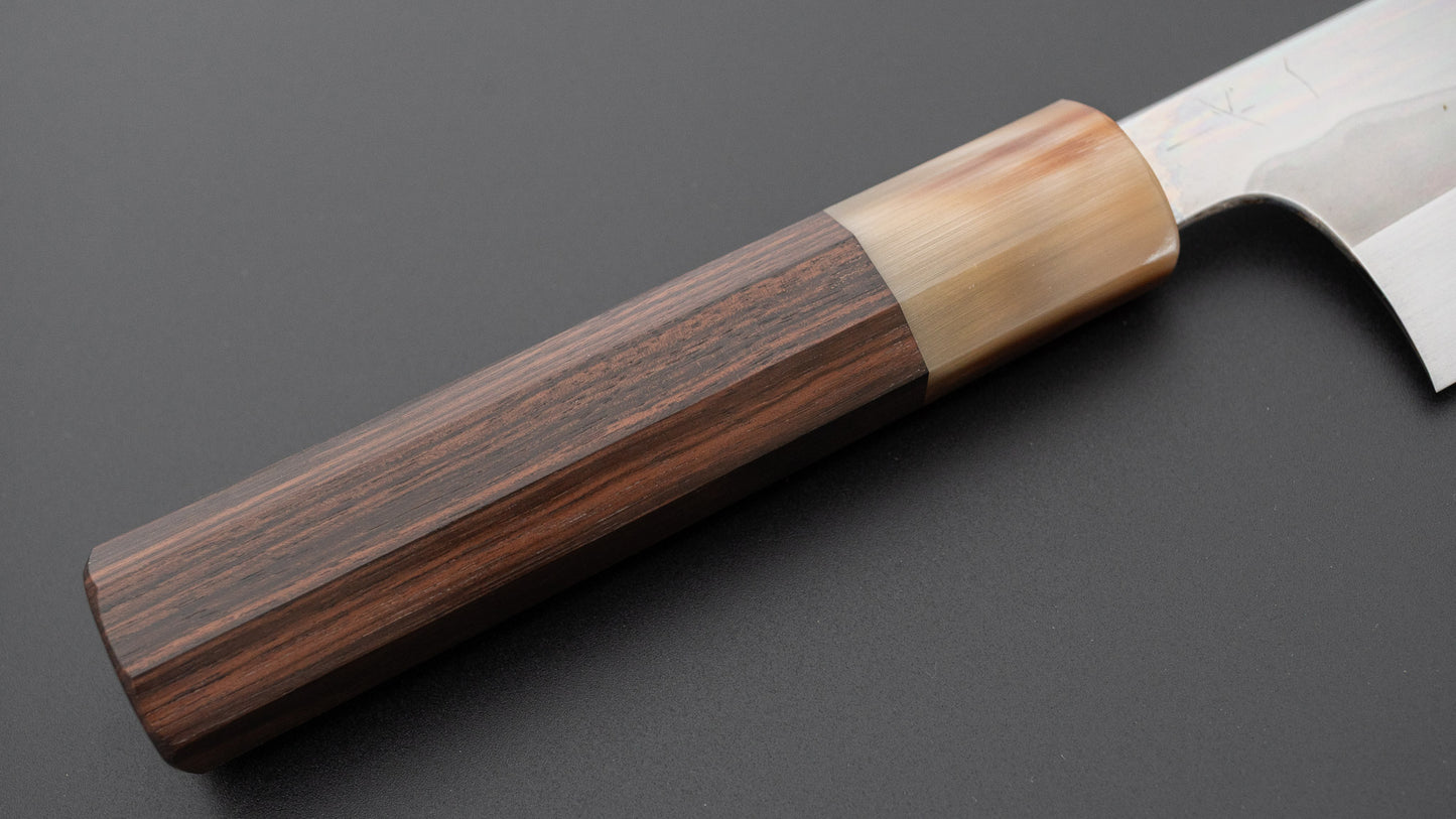 Hitohira Togashi White #1 Fuji Mizu Honyaki Santoku 180mm Taihei Makassar Ebony Handle (#183/ Saya)