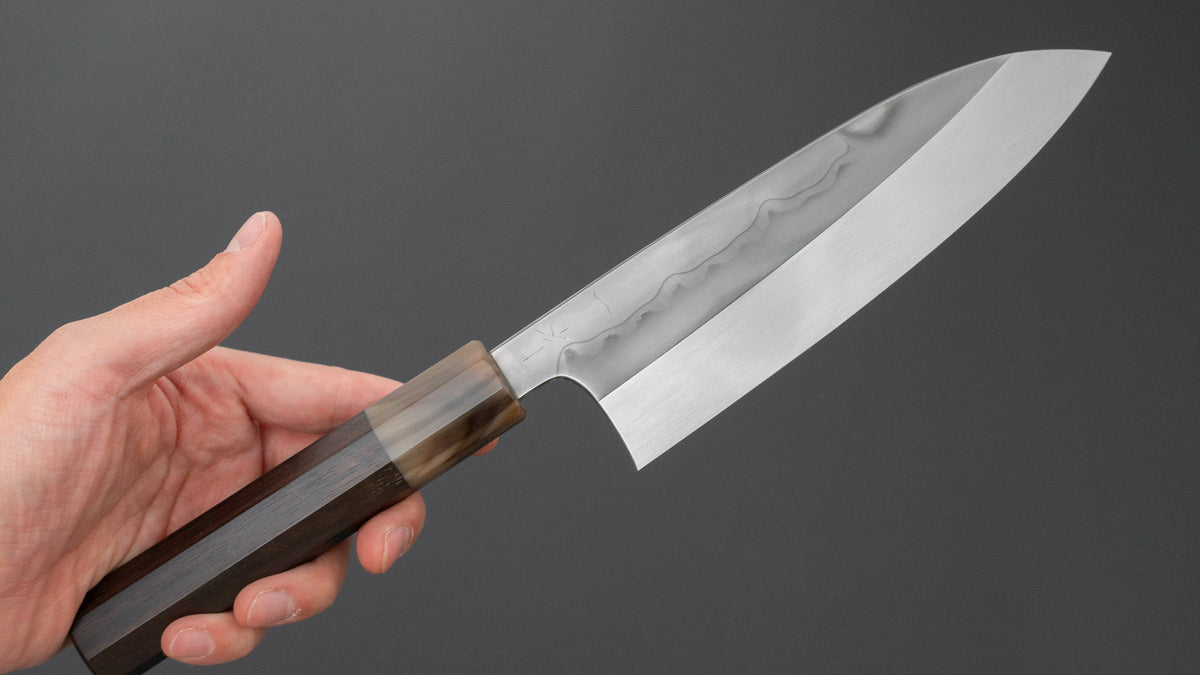 Hitohira Togashi White #1 Sanbonsugi Mizu Honyaki Santoku 180mm Taihei Makassar Ebony Handle (#193/ Saya)