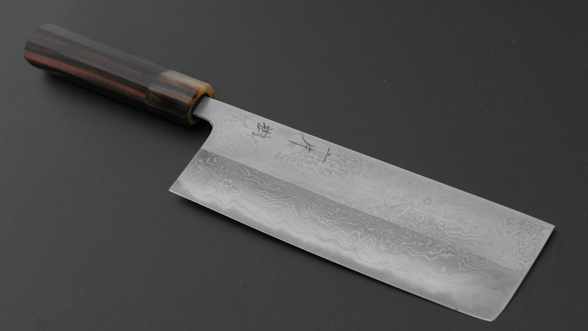 Hitohira Tokuuchi Tanaka Naoki White #1 Damascus Nakiri 180mm Taihei Makassar Ebony Handle