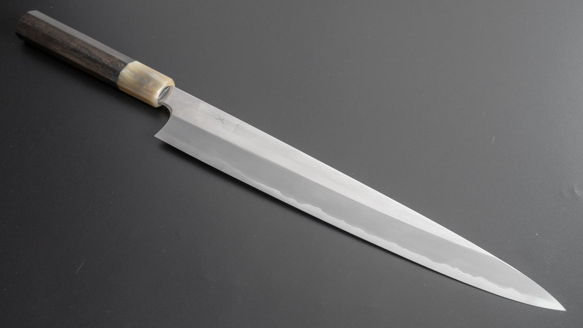 Hitohira Togashi White #1 Stainless Clad Migaki Sujihiki 300mm Taihei Ebony Handle - HITOHIRA