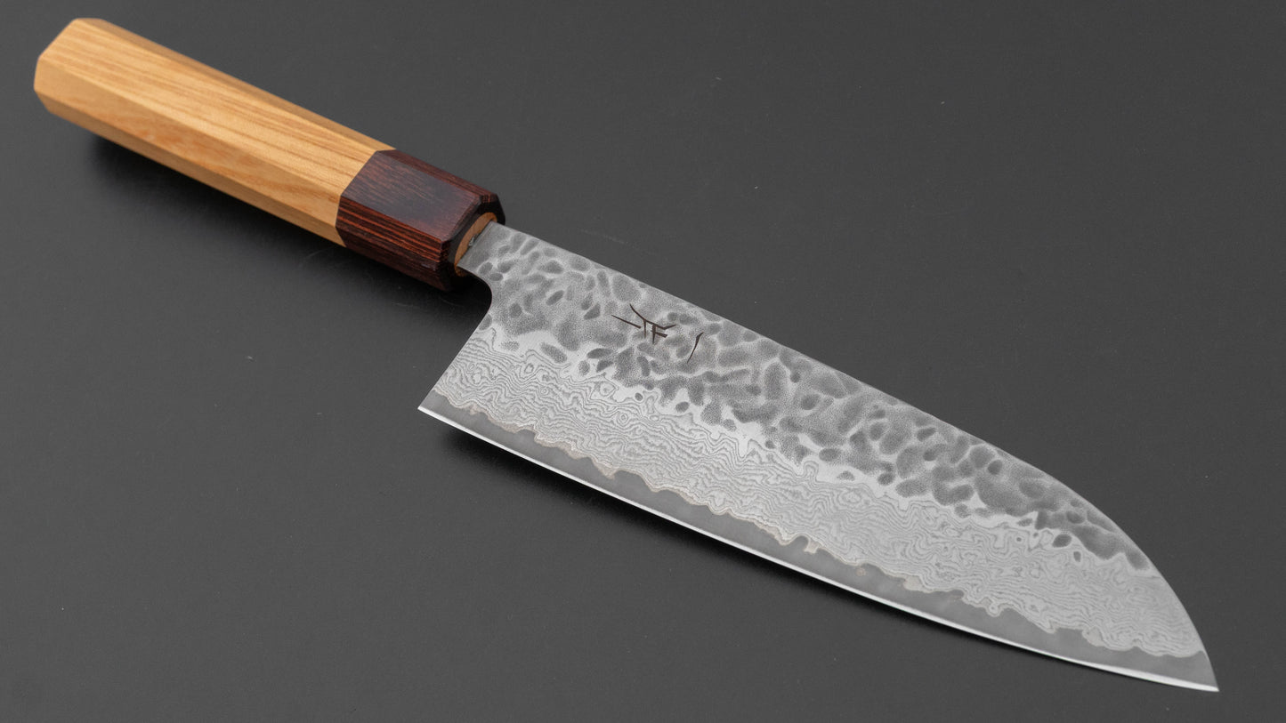 Hitohira Futana Stainless Tsuchime Damascus Santoku 170mm Keyaki Zelkova Handle