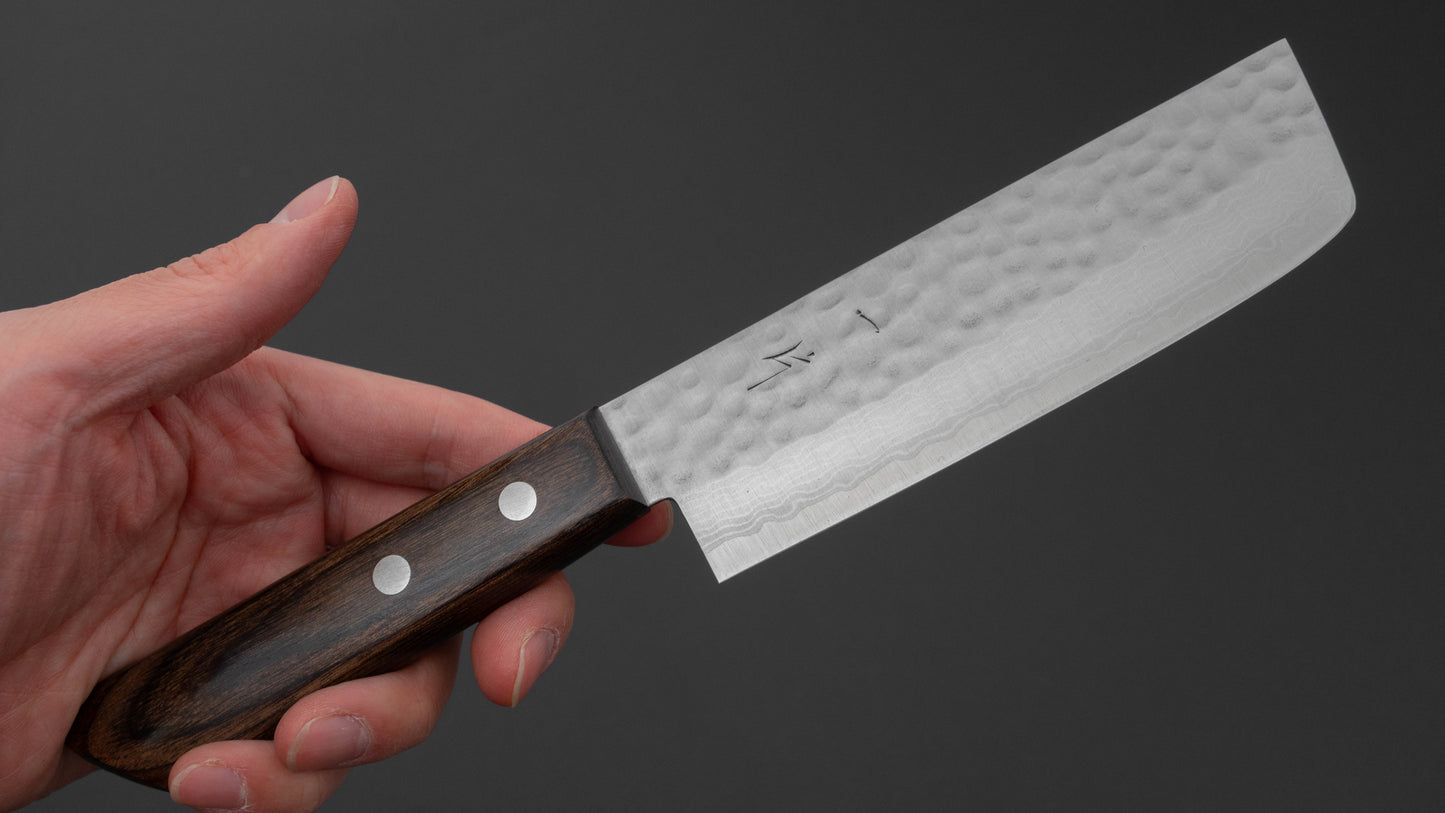 Hitohira NM V10 Tsuchime Damascus Nakiri 130mm Brown Pakka Handle (No Bolster)