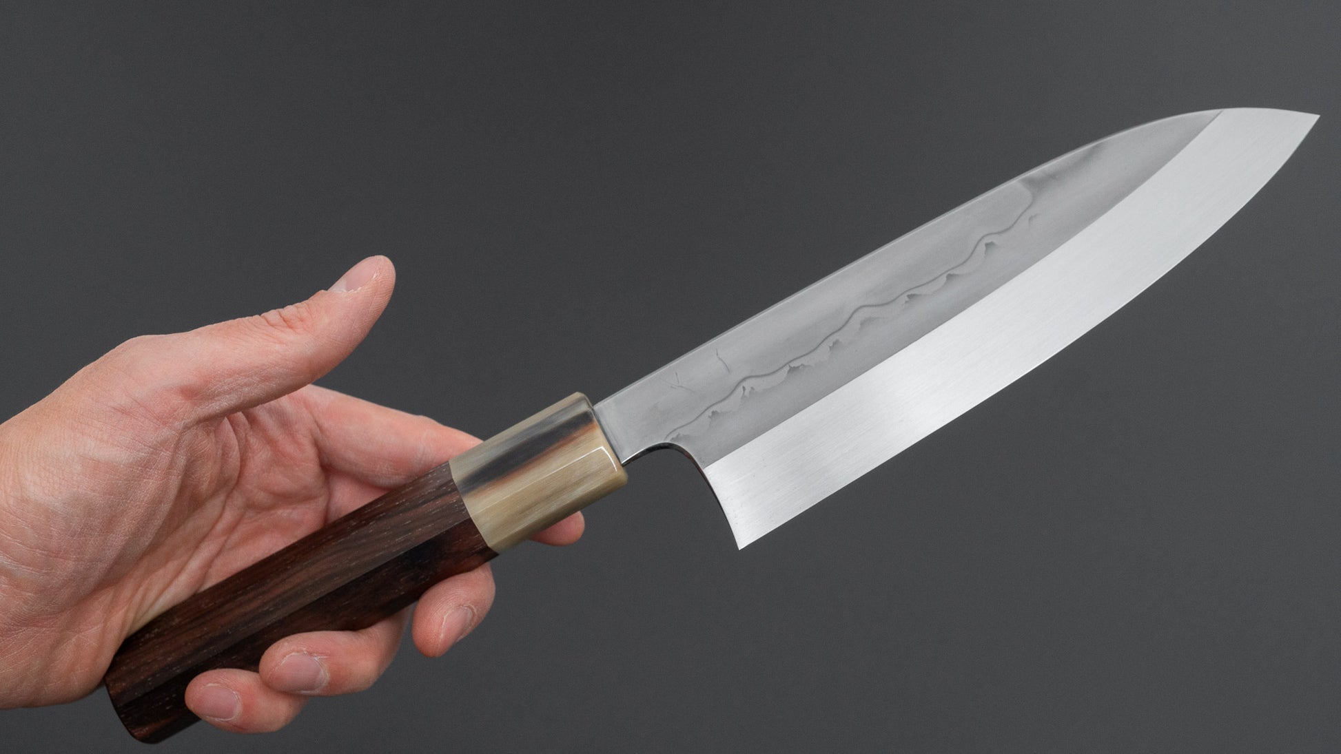 Hitohira Togashi White #1 Sanbonsugi Mizu Honyaki Santoku 180mm Taihei Makassar Ebony Handle (#145/ Saya)