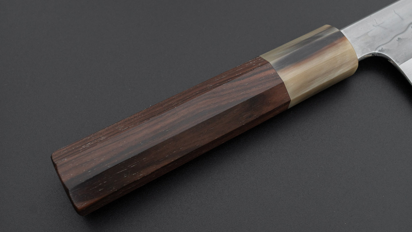 Hitohira Togashi White #1 Sanbonsugi Mizu Honyaki Santoku 180mm Taihei Makassar Ebony Handle (#145/ Saya)