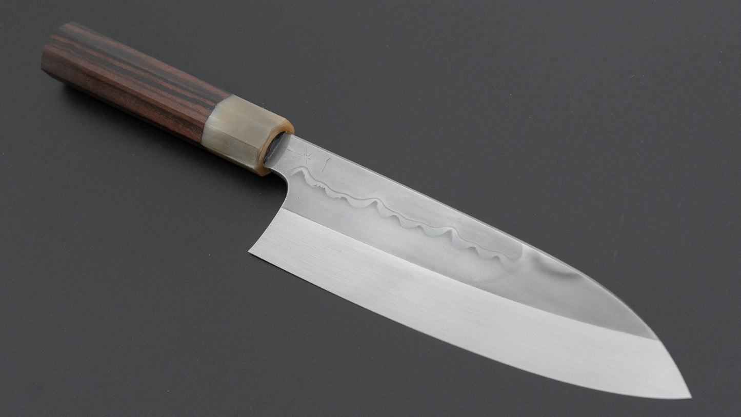 Hitohira Togashi White #1 Sanbonsugi Mizu Honyaki Santoku 180mm Taihei Makassar Ebony Handle (#147/ Saya)
