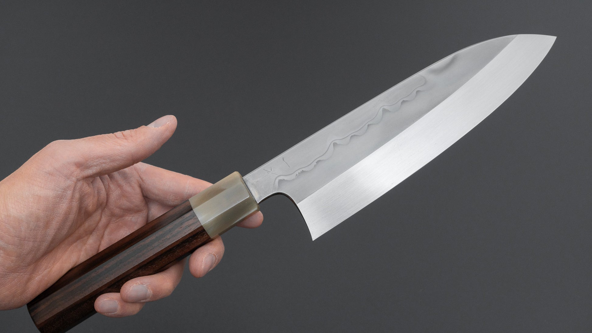 Hitohira Togashi White #1 Sanbonsugi Mizu Honyaki Santoku 180mm Taihei Makassar Ebony Handle (#147/ Saya)