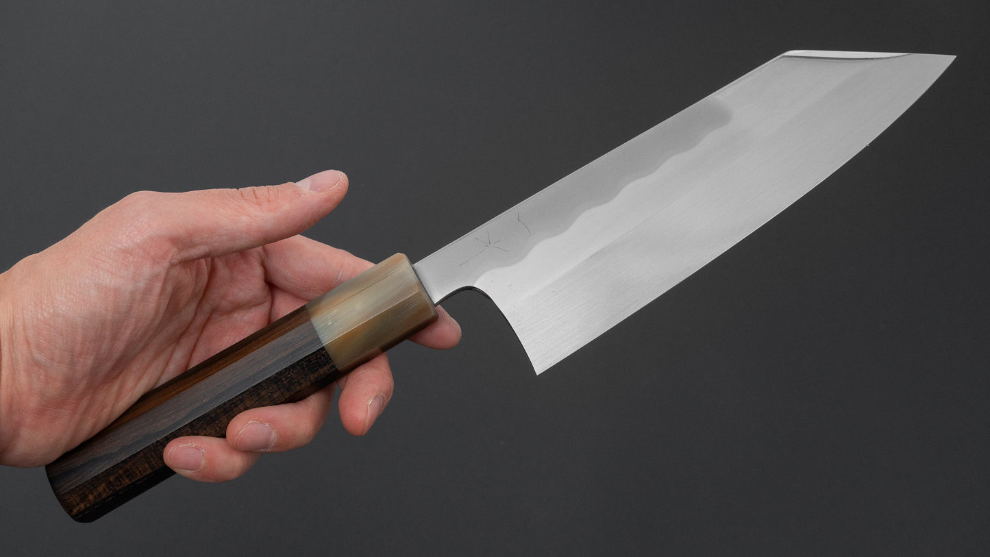 ひとひら 富樫 白一鋼 湾れ紋 水本焼 文化 180mm 暹羅柿柄 (#163)