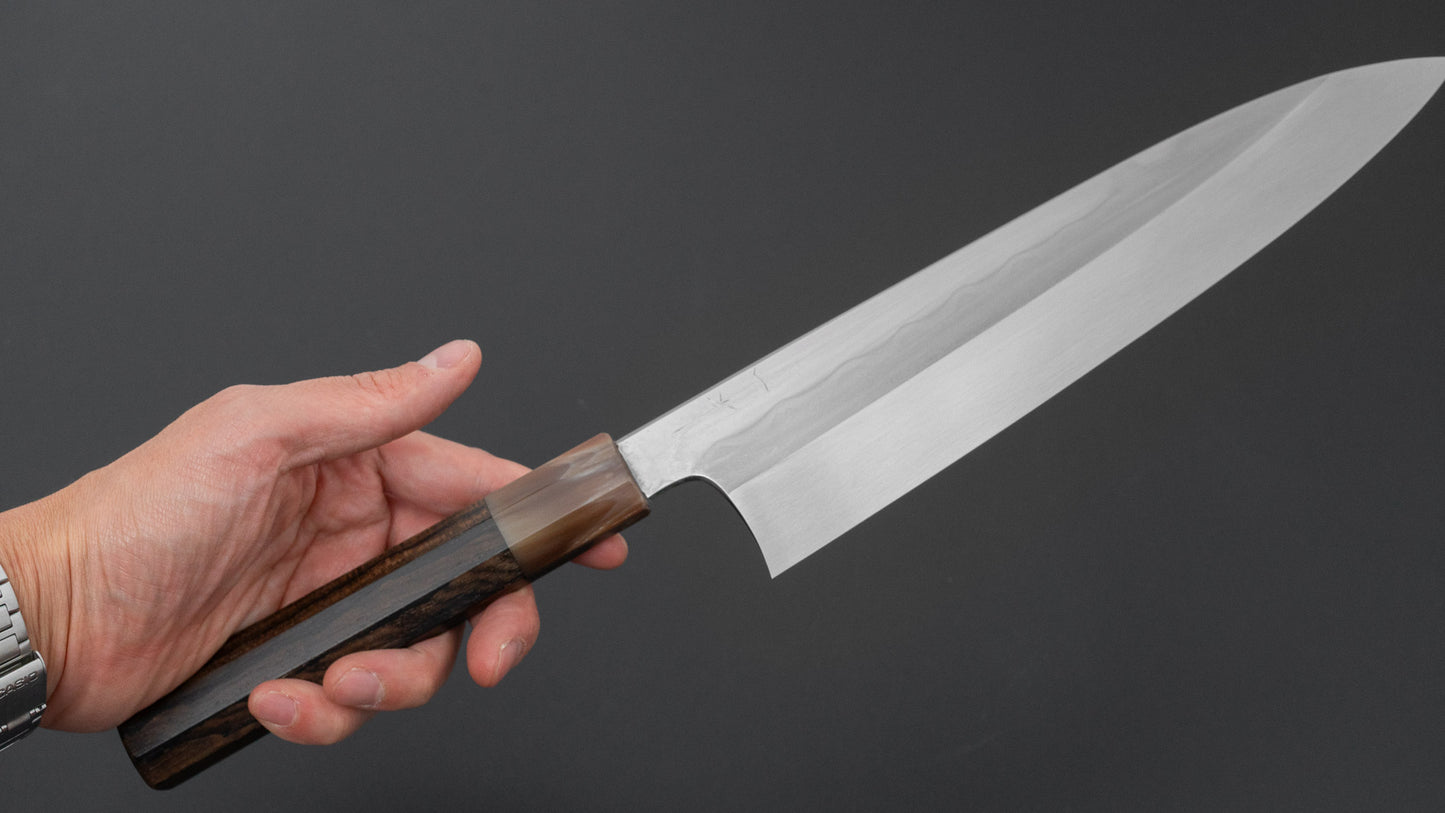 ひとひら 富樫 青一鋼 湾れ紋 水本焼 牛刀 240mm 暹羅柿柄 (#174)