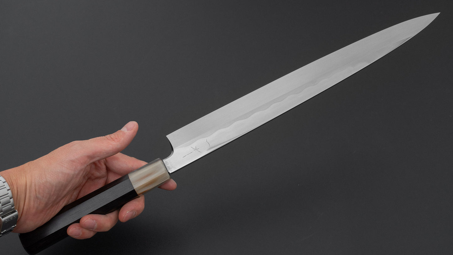 ひとひら 富樫 白一鋼 湾れ紋 水本焼 左用 柳刃 300mm 黒檀柄