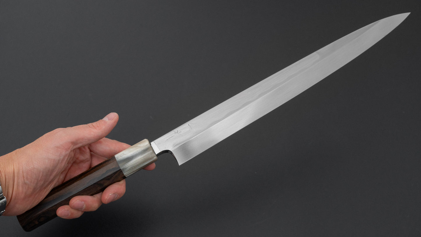 ひとひら 富樫 白一鋼 湾れ紋 水本焼 柳刃 300mm 暹羅柿柄 (両鏡面)