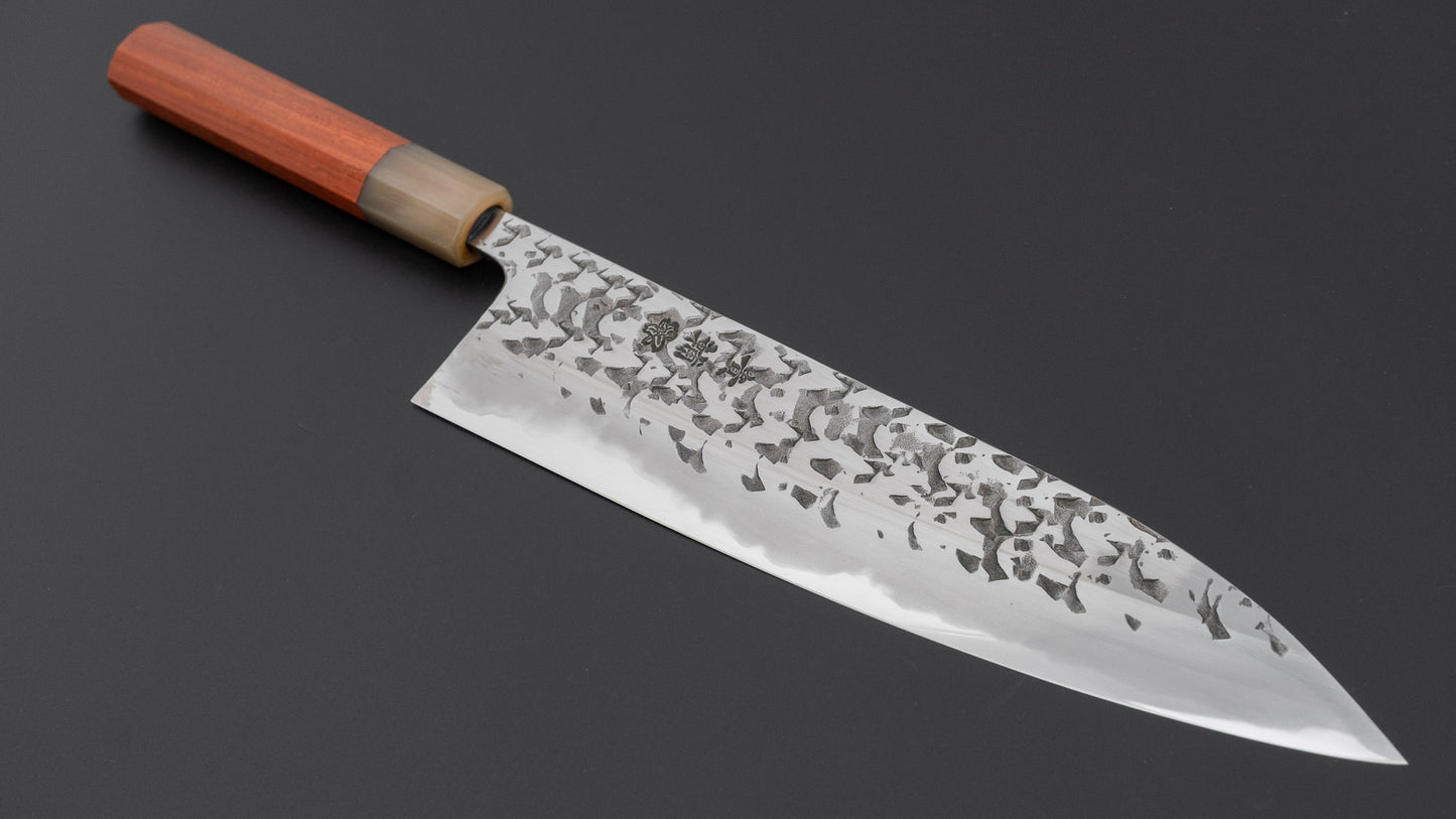 Manaka Hamono Kisuke Atsurae Kurogane Tsuchime Blue #2 Gyuto 240mm Quince Handle