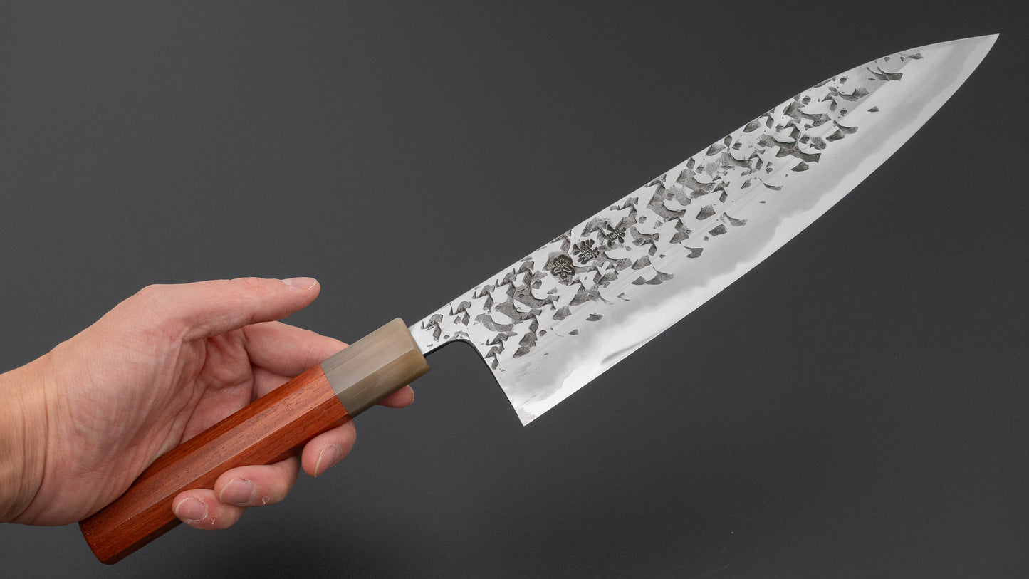 Manaka Hamono Kisuke Atsurae Kurogane Tsuchime Blue #2 Gyuto 240mm Quince Handle