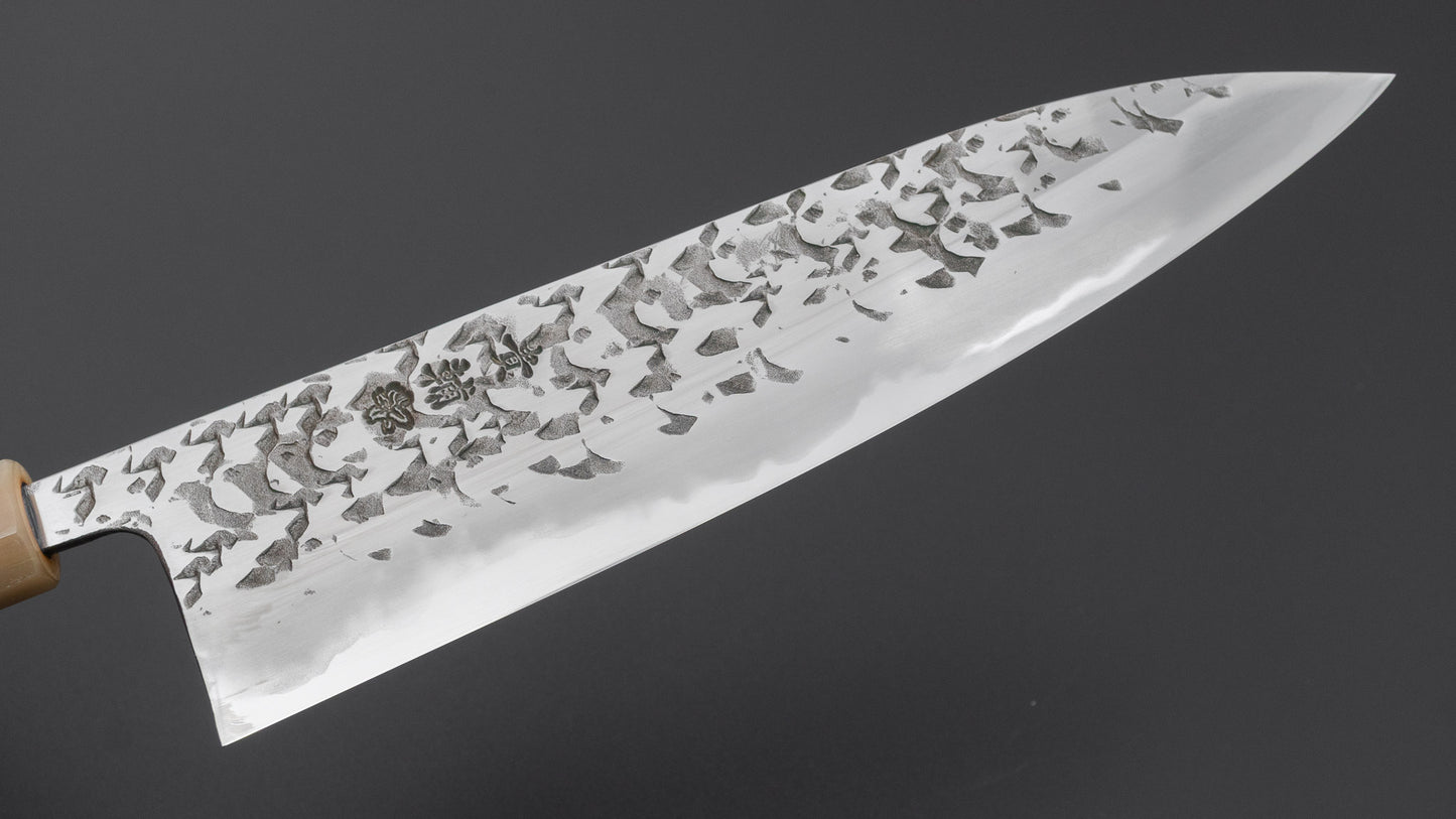 Manaka Hamono Kisuke Atsurae Kurogane Tsuchime Blue #2 Gyuto 240mm Quince Handle