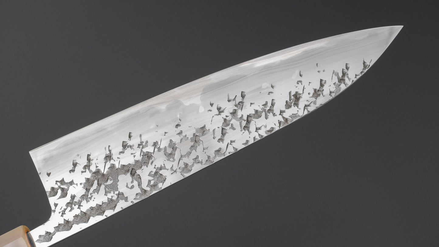 Manaka Hamono Kisuke Atsurae Kurogane Tsuchime Blue #2 Gyuto 240mm Quince Handle