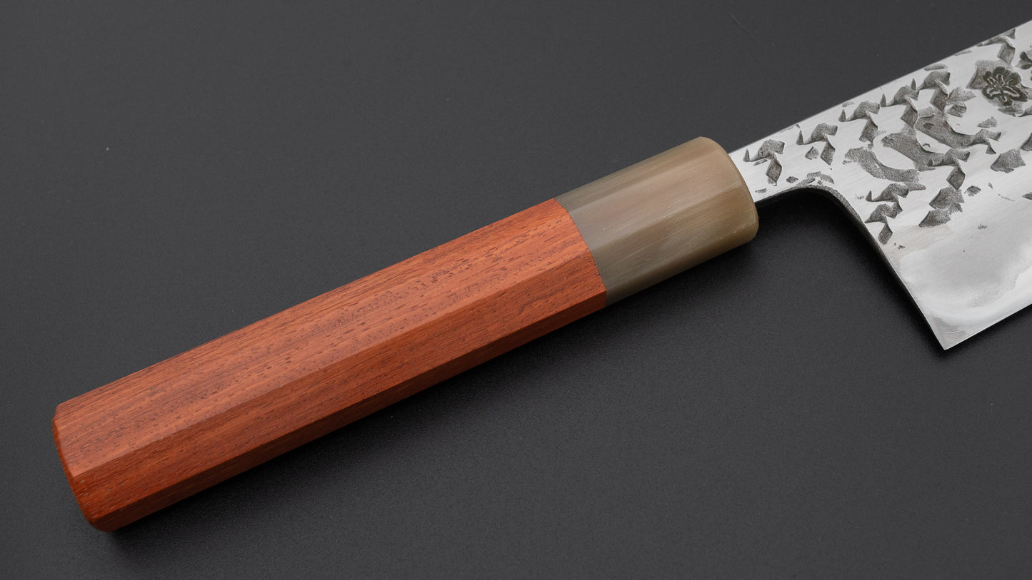 Manaka Hamono Kisuke Atsurae Kurogane Tsuchime Blue #2 Gyuto 240mm Quince Handle