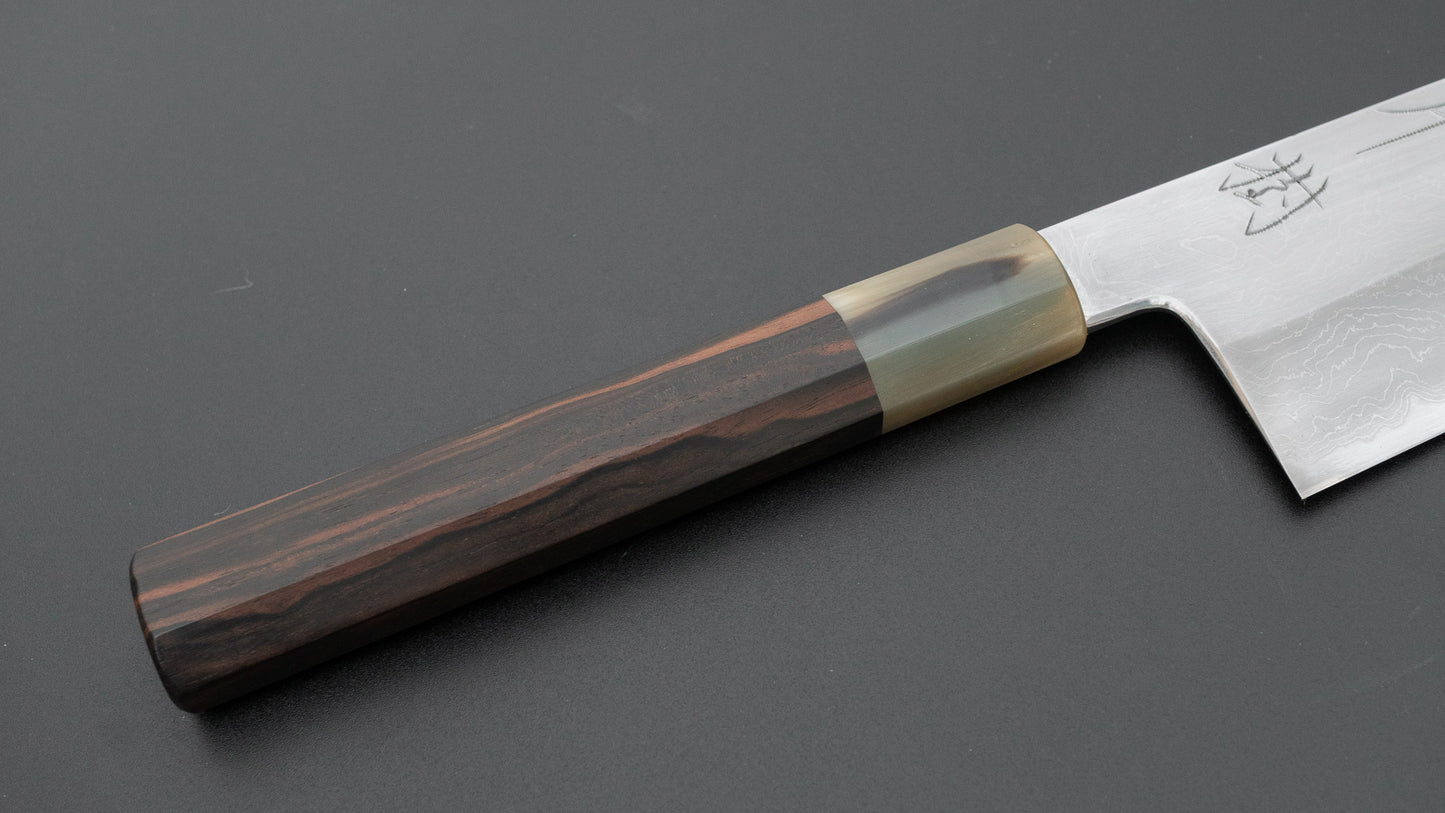 Hitohira Tokuuchi Tanaka Naoki White #1 Damascus Gyuto 240mm Taihei Makassar Ebony Handle