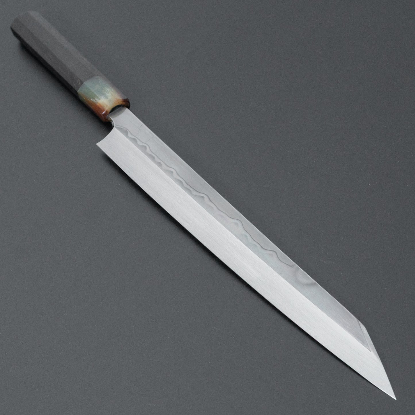 Hitohira Togashi White #1 Sanbonsugi Mizu Honyaki Kiritsuke Yanagiba 300mm Taihei Makassar Ebony Handle (Type T/ Saya)