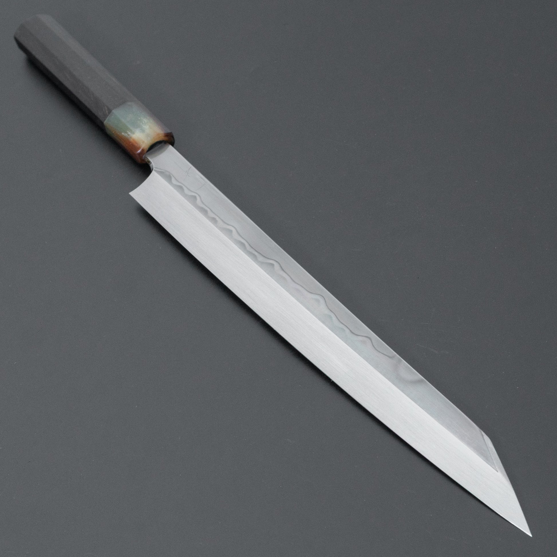 Hitohira Togashi White #1 Sanbonsugi Mizu Honyaki Kiritsuke Yanagiba 300mm Taihei Makassar Ebony Handle (Type T/ Saya)