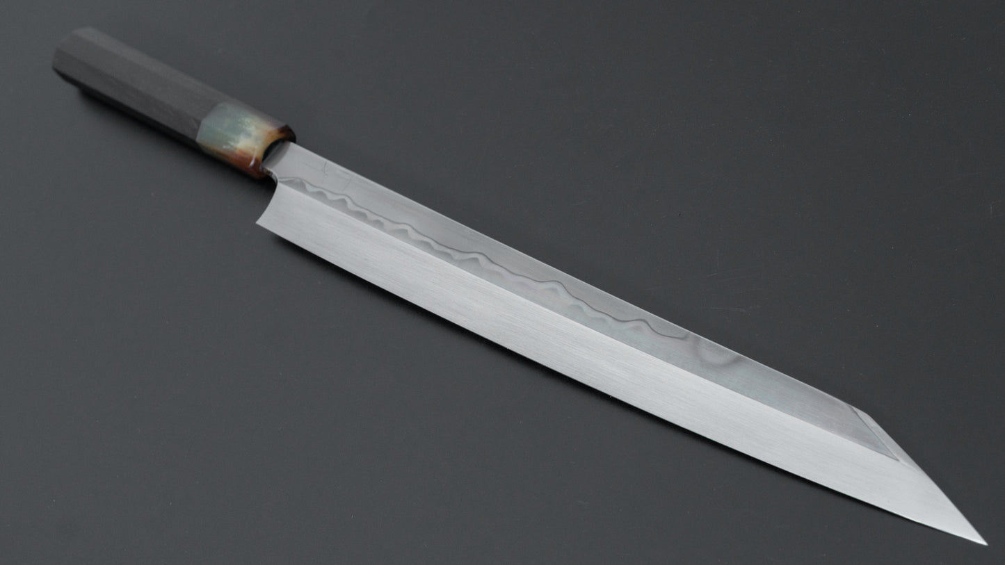 Hitohira Togashi White #1 Sanbonsugi Mizu Honyaki Kiritsuke Yanagiba 300mm Taihei Makassar Ebony Handle (Type T/ Saya)