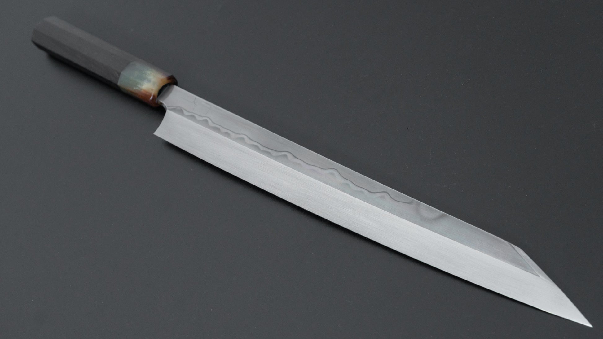 Hitohira Togashi White #1 Sanbonsugi Mizu Honyaki Kiritsuke Yanagiba 300mm Taihei Makassar Ebony Handle (Type T/ Saya)