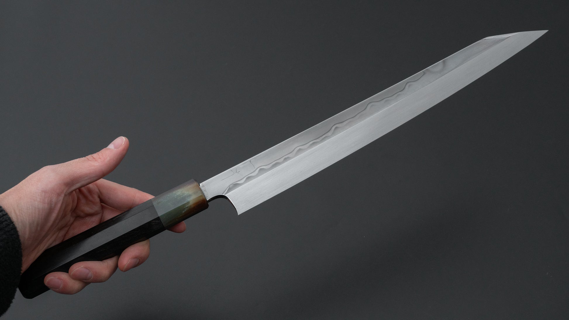 Hitohira Togashi White #1 Sanbonsugi Mizu Honyaki Kiritsuke Yanagiba 300mm Taihei Makassar Ebony Handle (Type T/ Saya)