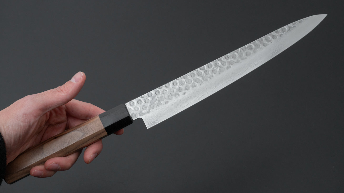 Hitohira HG Tsuchime Damascus Sujihiki 240mm Walnut Handle