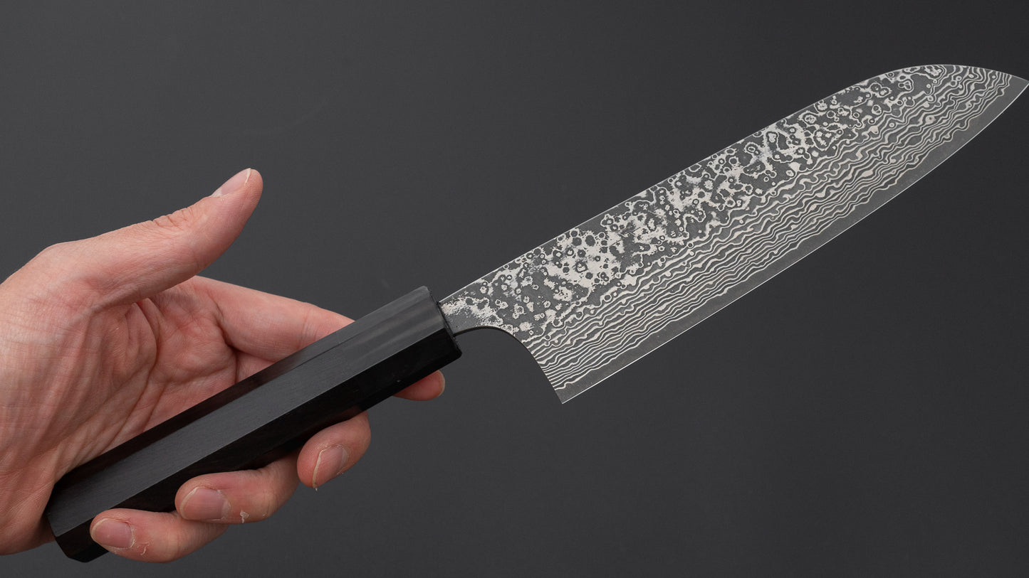 Hitohira Echizen SPG Strix Dark Damascus Santoku 170mm Ebony Handle