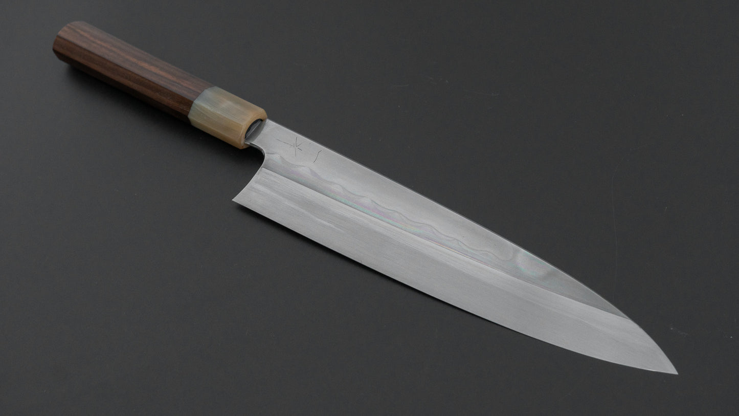 ひとひら 富樫 白一鋼 湾れ紋 水本焼 牛刀 240mm 太平縞黒檀柄 (#180)