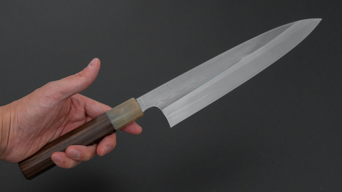 ひとひら 富樫 白一鋼 湾れ紋 水本焼 牛刀 240mm 太平縞黒檀柄 (#180)
