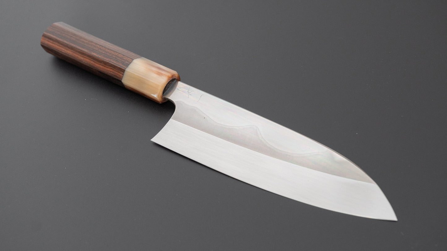 Hitohira Togashi White #1 Fuji Mizu Honyaki Santoku 180mm Taihei Makassar Ebony Handle (#183/ Saya)