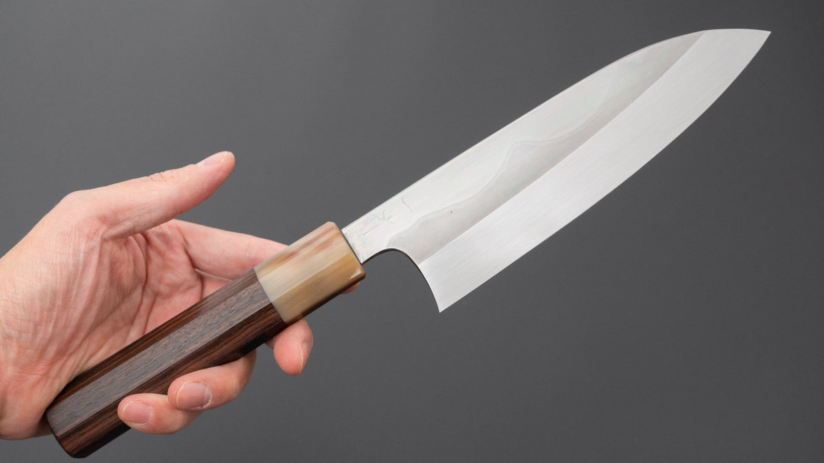 Hitohira Togashi White #1 Fuji Mizu Honyaki Santoku 180mm Taihei Makassar Ebony Handle (#183/ Saya)