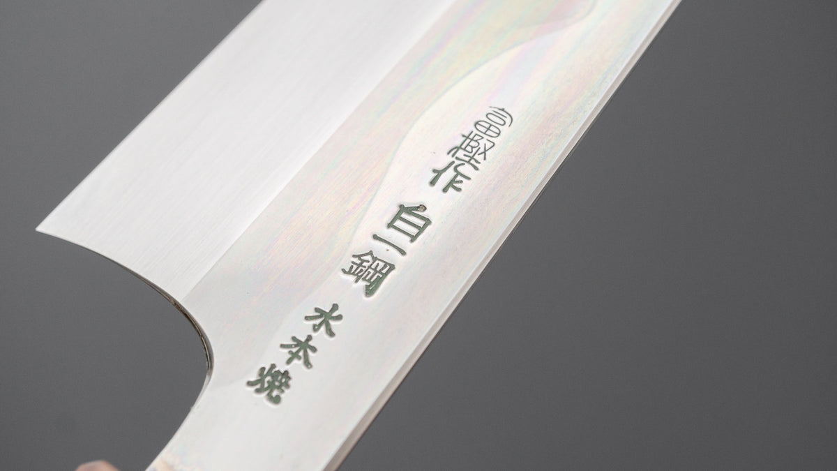 Hitohira Togashi White #1 Fuji Mizu Honyaki Santoku 180mm Taihei Makassar Ebony Handle (#183/ Saya)