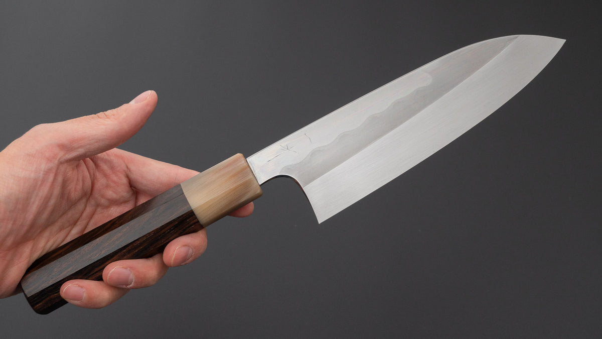 Hitohira Togashi White #1 Notaremon Mizu Honyaki Santoku 180mm Taihei Makassar Ebony Handle (#186/ Saya)