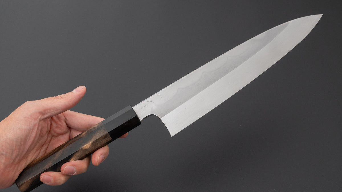 Hitohira Togashi Blue #1 Sanbonsugi Mizu Honyaki Gyuto 240mm Kurokaki Persimmon Handle (#187/ Saya)