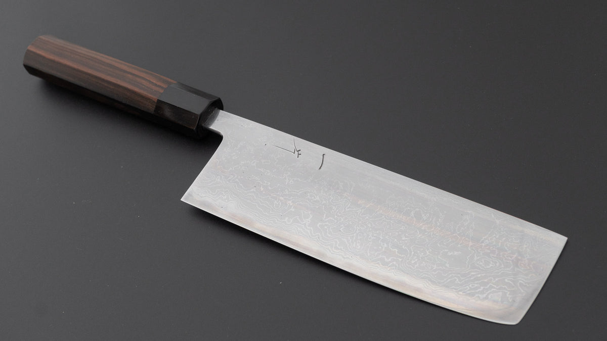 Hitohira Tokuuchi Tanaka Atsushi White #1 Damascus Nakiri 180mm Taihei Makassar Ebony Handle