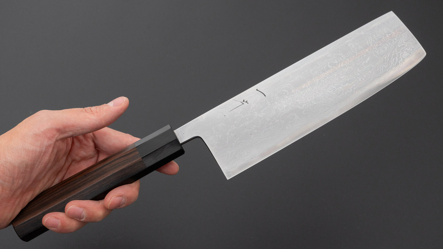 Hitohira Tokuuchi Tanaka Atsushi White #1 Damascus Nakiri 180mm Taihei Makassar Ebony Handle