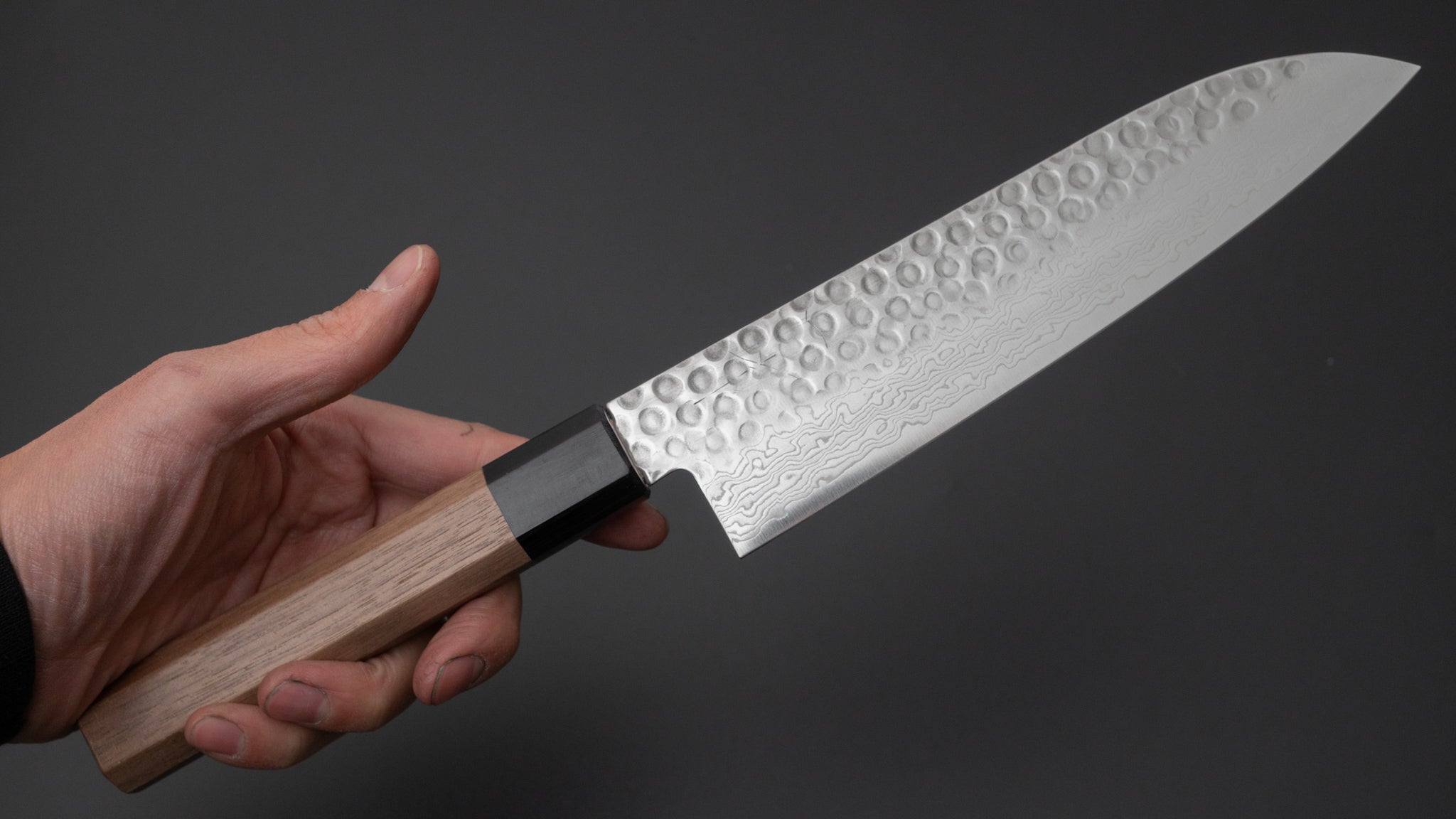 Hitohira HG Tsuchime Damascus Santoku Walnut Handle | HITOHIRA