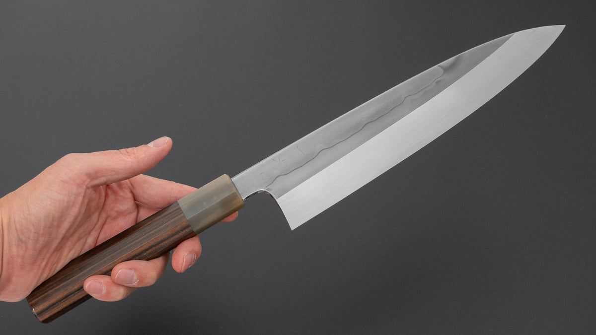 Hitohira Togashi White #1 Sanbonsugi Mizu Honyaki Gyuto 240mm Taihei Makassar Ebony Handle (#188/ Saya)