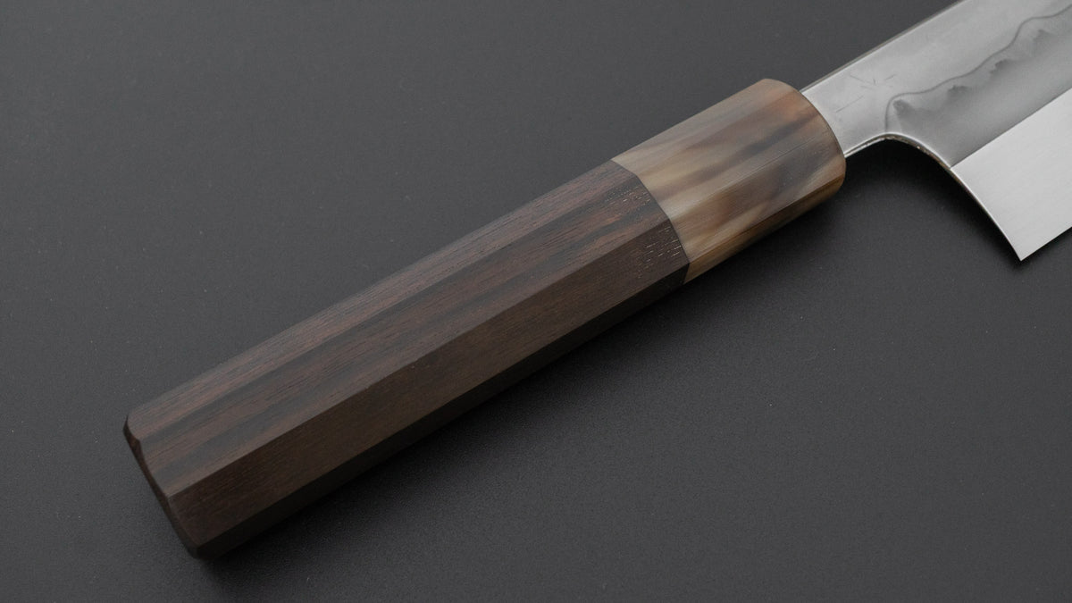 Hitohira Togashi White #1 Sanbonsugi Mizu Honyaki Santoku 180mm Taihei Makassar Ebony Handle (#193/ Saya)