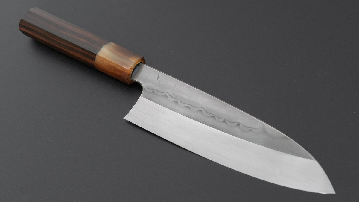 Hitohira Togashi White #1 Sanbonsugi Mizu Honyaki Santoku 180mm Taihei Makassar Ebony Handle (#194/ Saya)