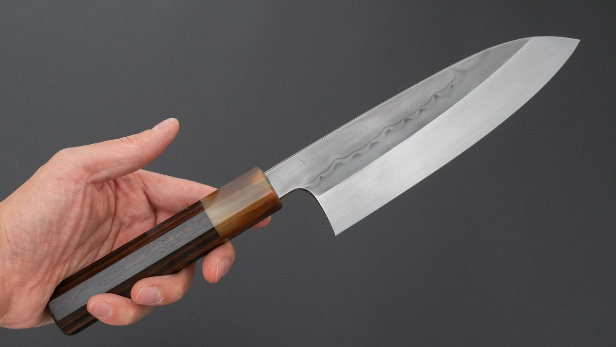 Hitohira Togashi White #1 Sanbonsugi Mizu Honyaki Santoku 180mm Taihei Makassar Ebony Handle (#194/ Saya)