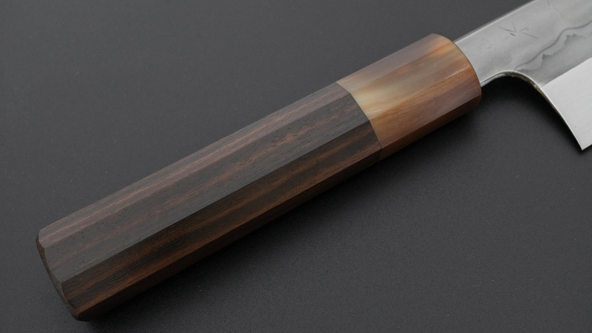 Hitohira Togashi White #1 Sanbonsugi Mizu Honyaki Santoku 180mm Taihei Makassar Ebony Handle (#194/ Saya)
