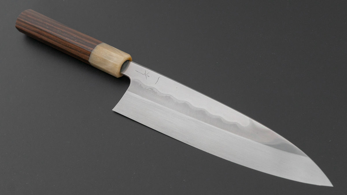 ひとひら 富樫 白一鋼 湾れ紋 水本焼 牛刀 210mm 太平縞黒檀柄 (#203)