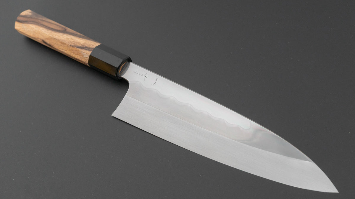 ひとひら 富樫 白一鋼 湾れ紋 水本焼 牛刀 210mm 黒柿柄 (#204)