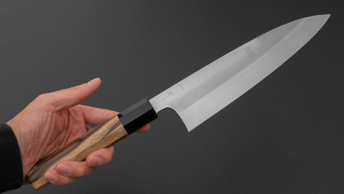 ひとひら 富樫 白一鋼 湾れ紋 水本焼 牛刀 210mm 黒柿柄 (#204)