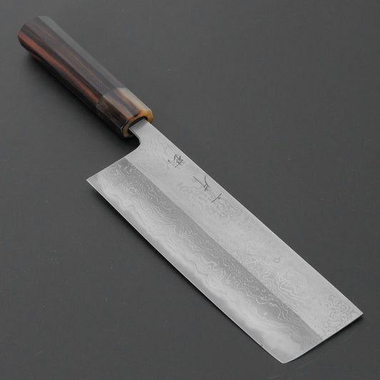 Hitohira Tokuuchi Tanaka Naoki White #1 Damascus Nakiri 180mm Taihei Makassar Ebony Handle