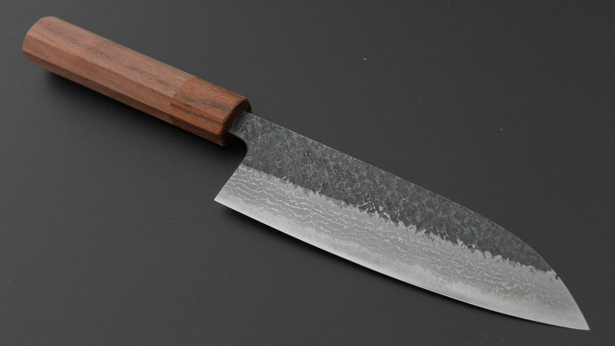 宗石工房 青2 槌目 黒打ダマスカス 三徳 165mm ウォールナット柄